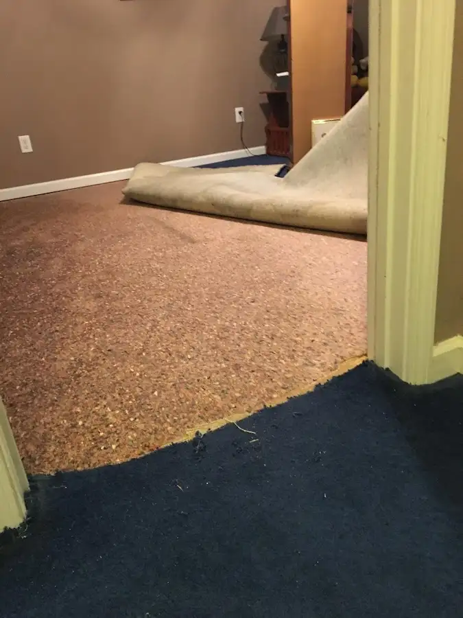 Carpet pad removal revealing water damage during Drying & Dehumidification in Slinger